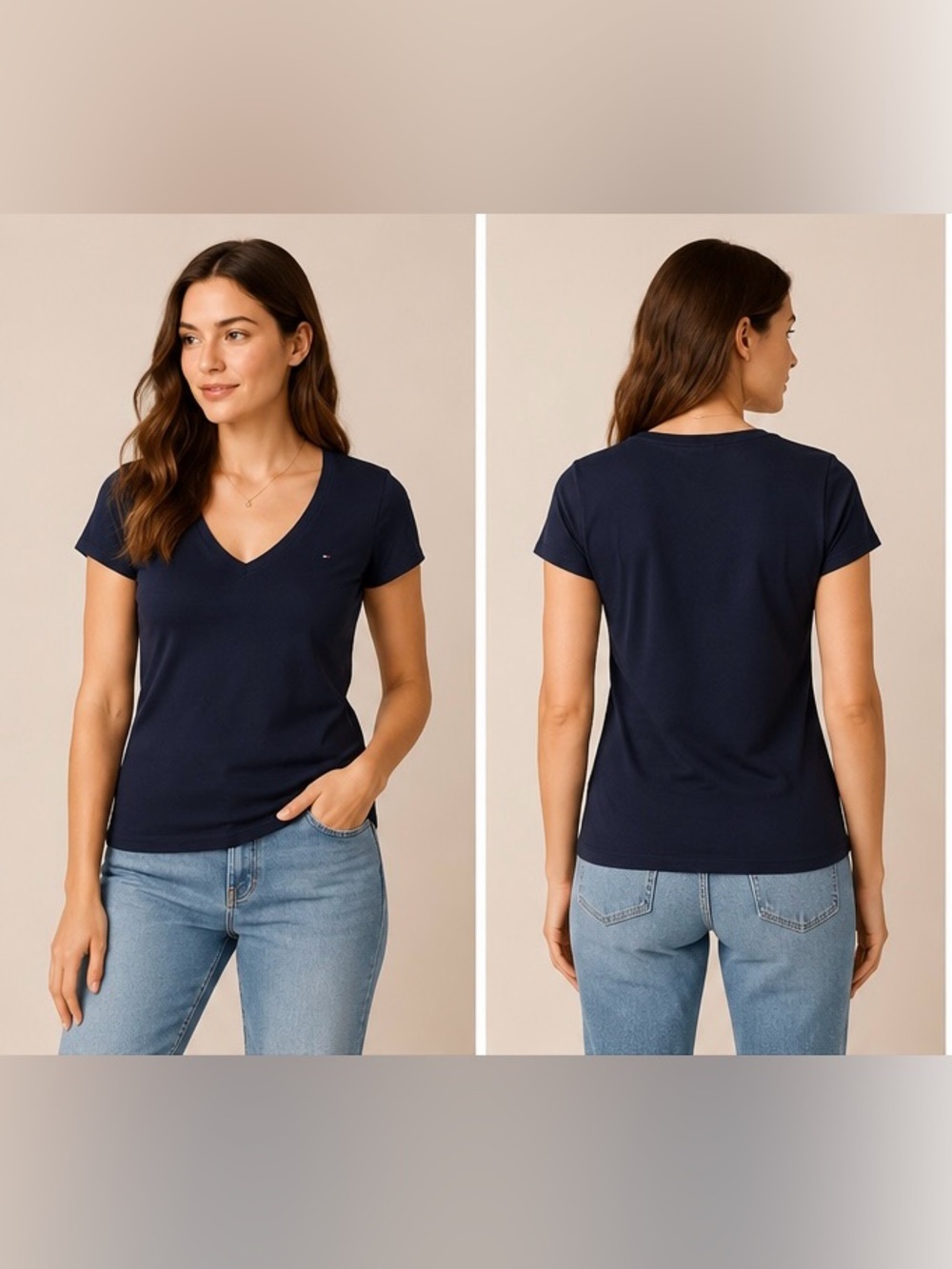 Tommy Hilfiger Women’s Navy V-Neck Tee XL Classic Logo Top